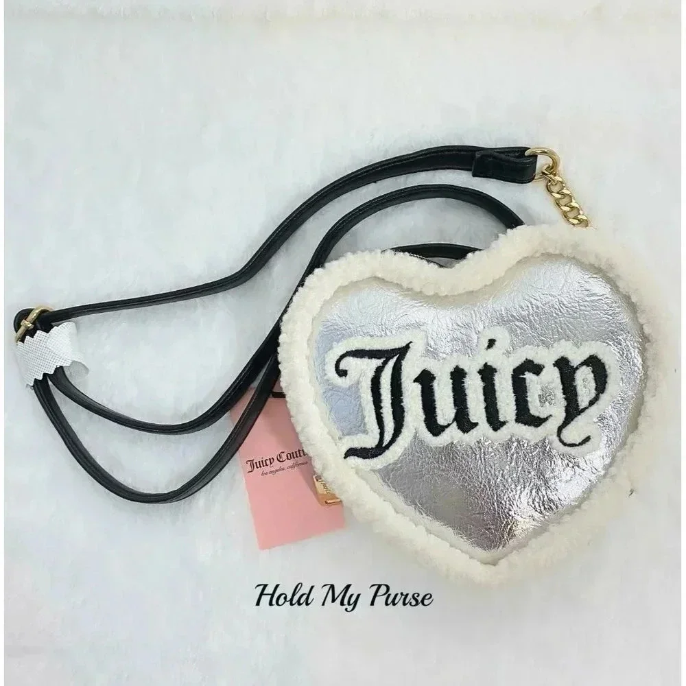 Juicy Couture Silver Black Shear Genius Iridescent Metallic Heart Shape Bag NWT